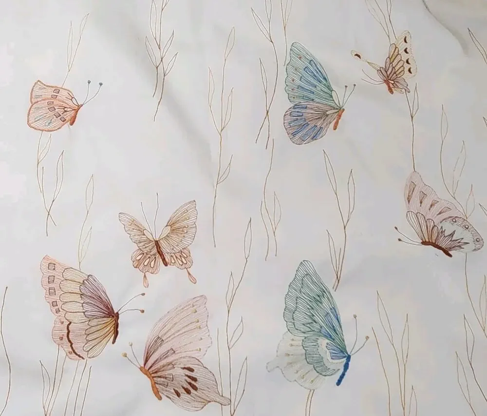 Vintage Butterfly Embroidered Shower Curtain Cream Sheer Mesh Lace 66x70 Cottage